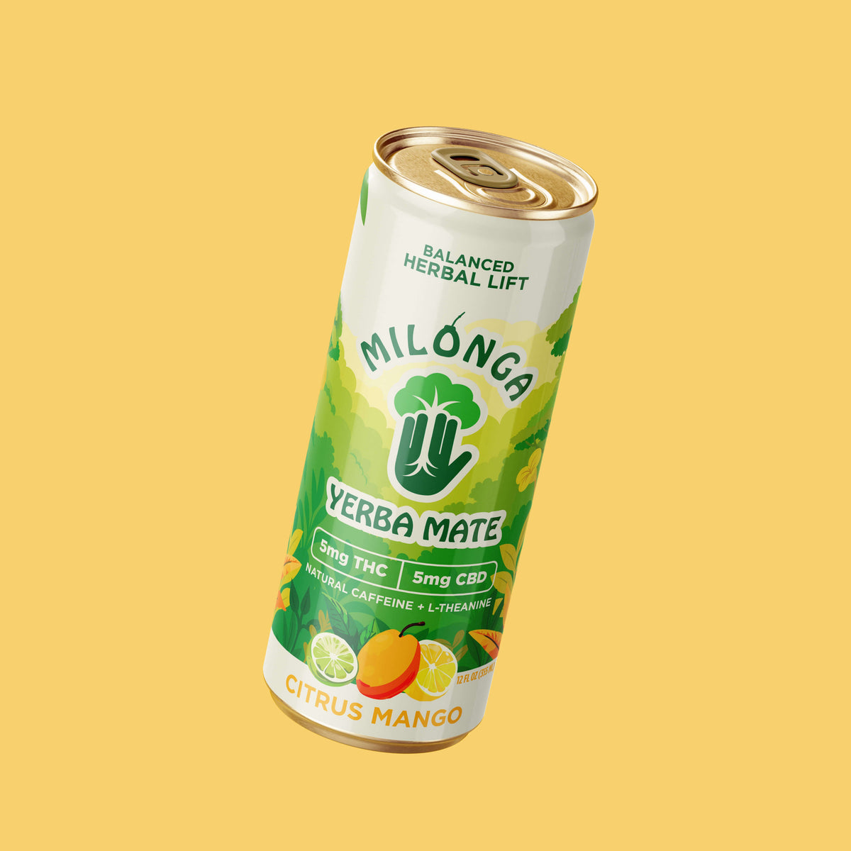 Milonga Citrus Mango 5mg THC sparkling yerba mate can, 24-can case