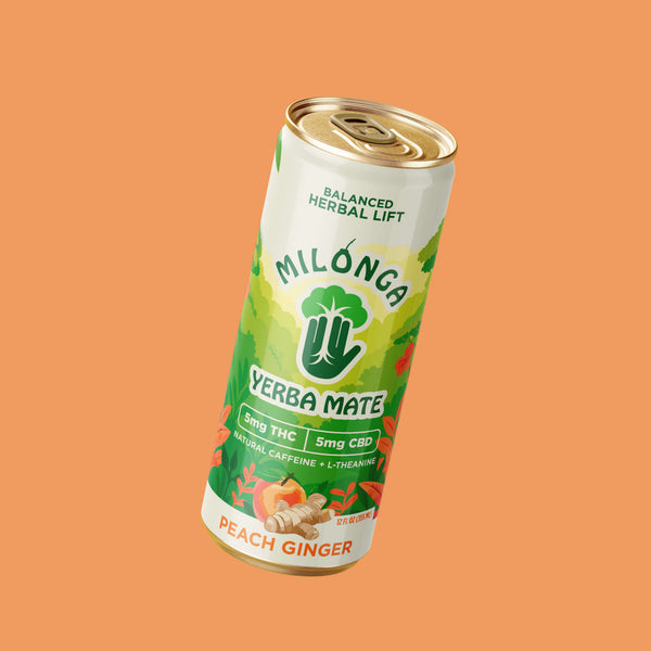 Milonga Peach Ginger 5mg THC sparkling yerba mate can, 24-can case