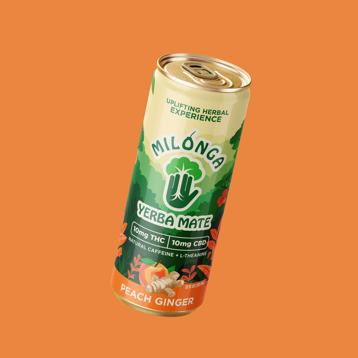 Milonga Peach Ginger 10mg THC sparkling yerba mate can, 24-can case