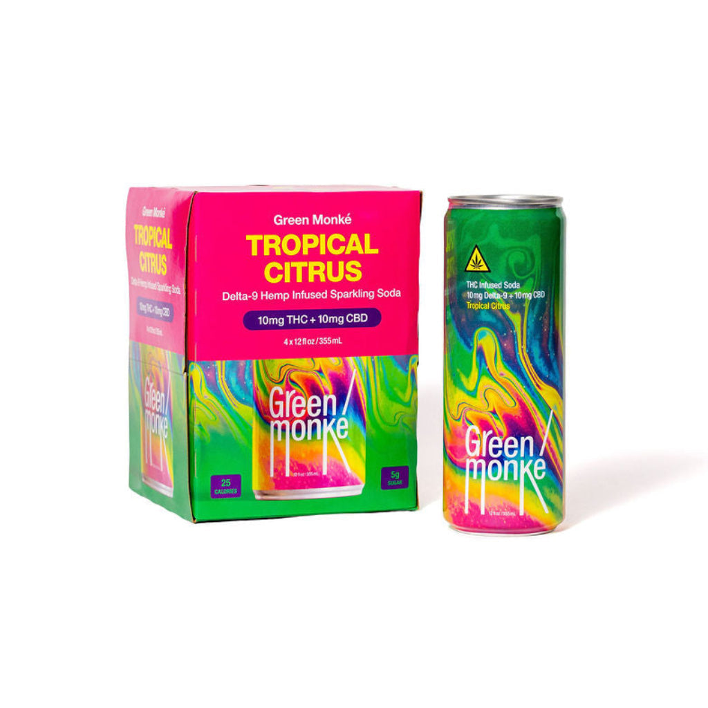 Green Monké Tropical Citrus THC soda 4-pack box and can on white