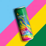 Green Monké Tropical Citrus THC soda can on a bold colorblock background