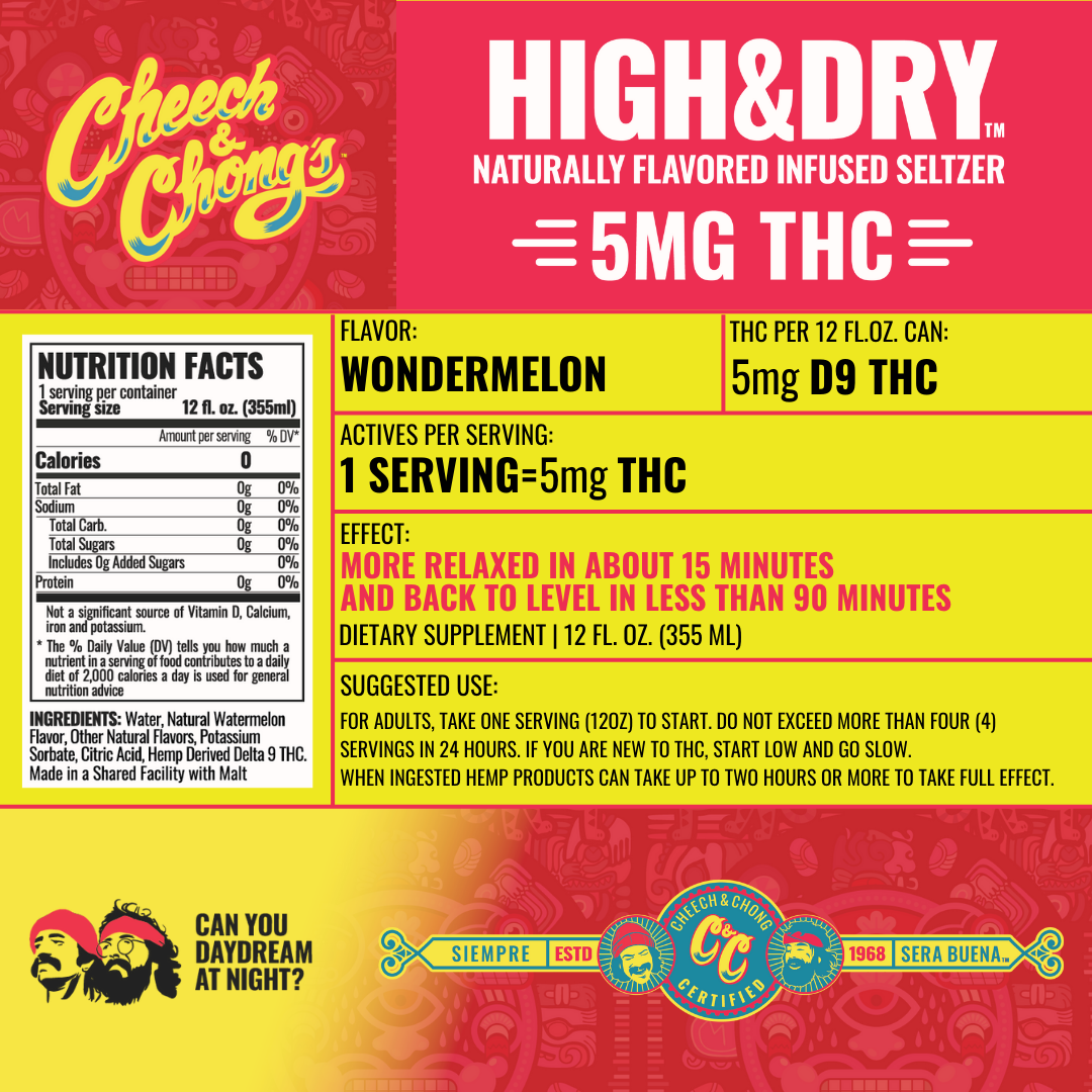 Cheech & Chong High & Dry Wondermelon THC Seltzer 5mg THC 12 oz can