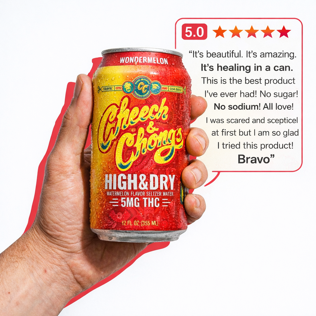 Cheech & Chong High & Dry Wondermelon THC Seltzer cans with fresh wondermelon ingredients
