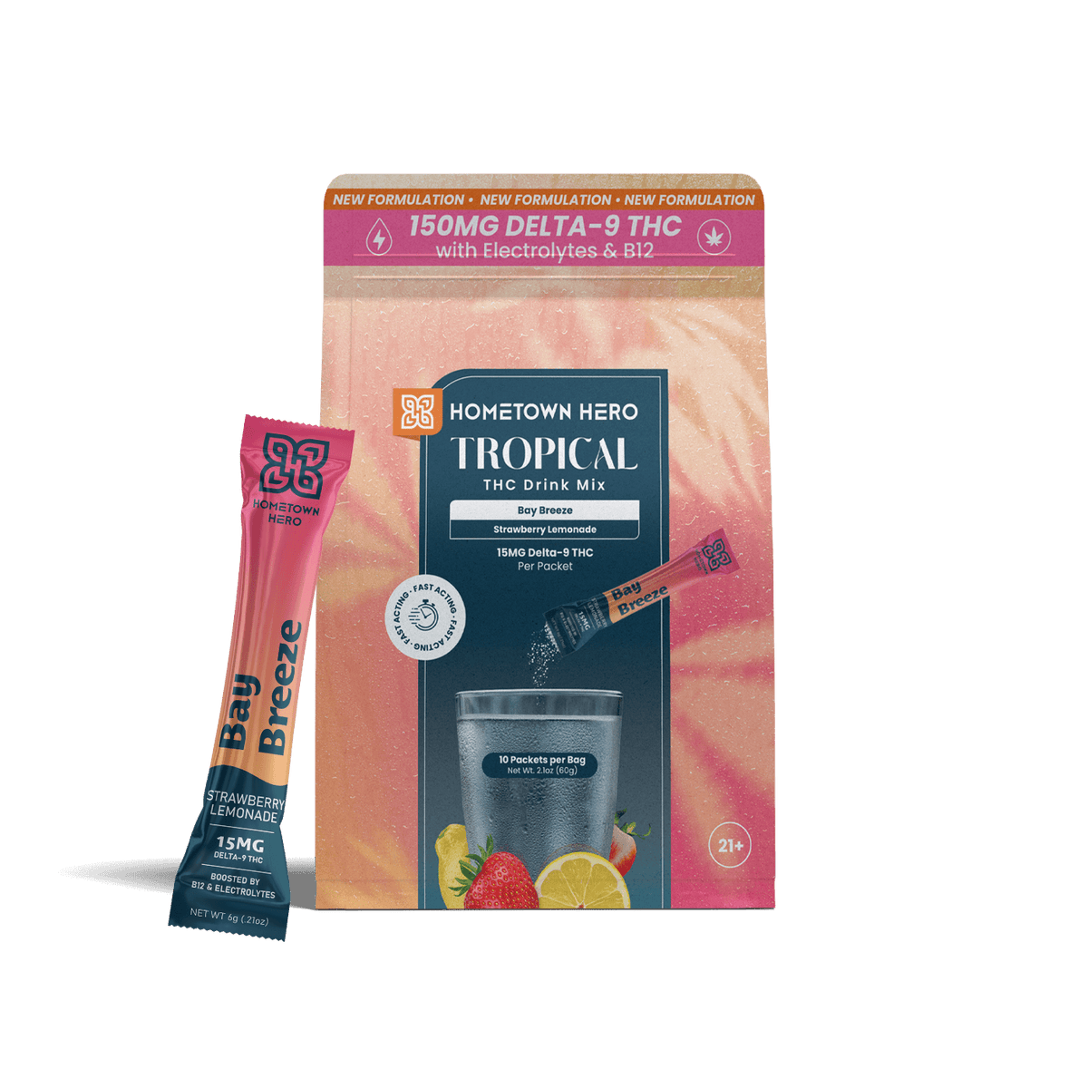 Hometown Hero Bay Breeze strawberry lemonade THC drink mix bag and packet