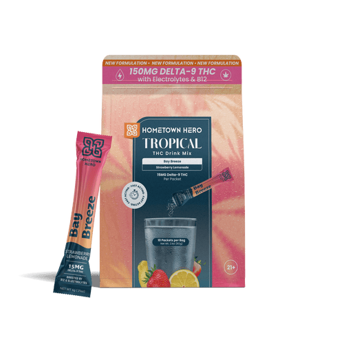 Hometown Hero Bay Breeze strawberry lemonade THC drink mix bag and packet