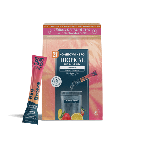 Hometown Hero Bay Breeze strawberry lemonade THC drink mix bag and packet