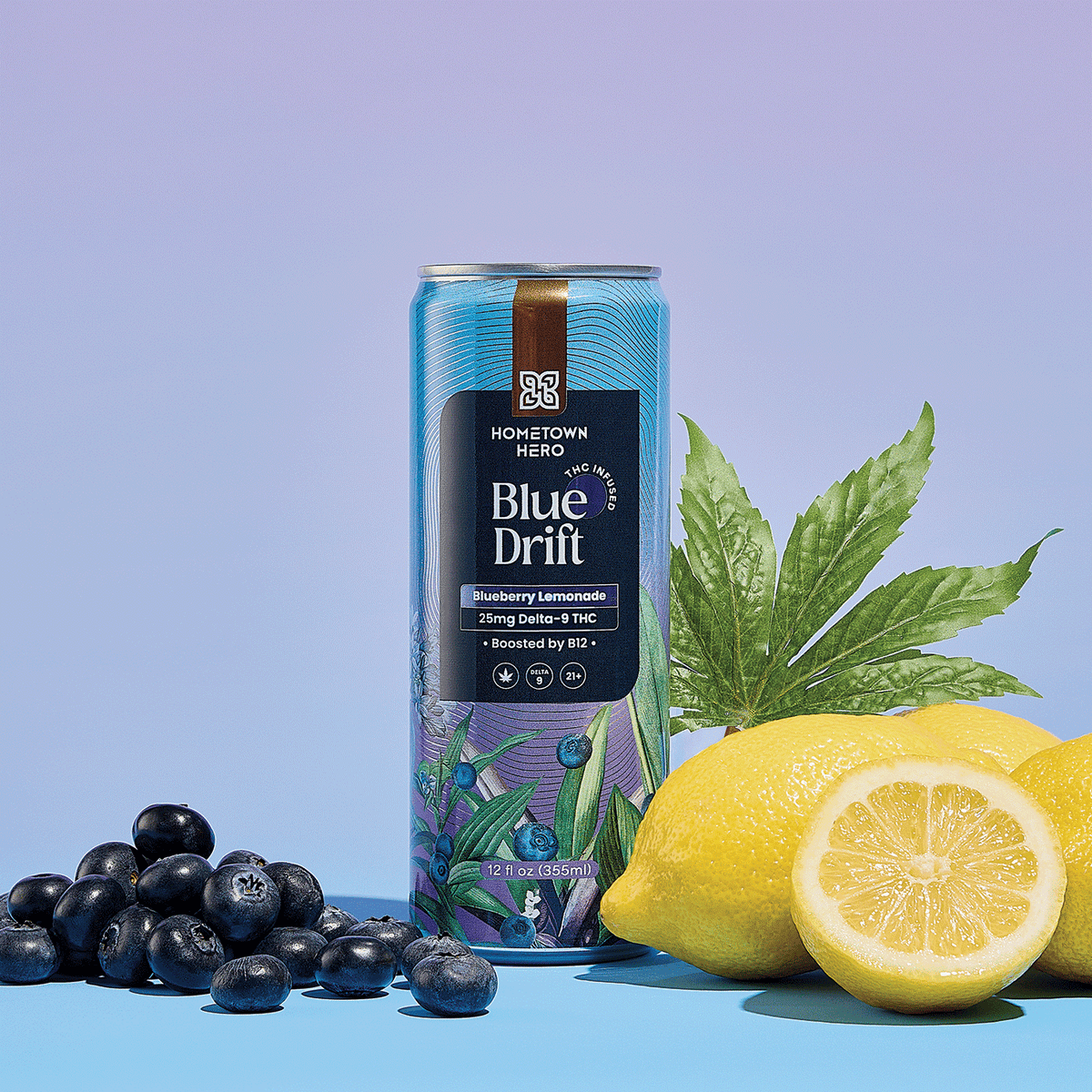 Blue Drift blueberry THC lemonade can on blue background