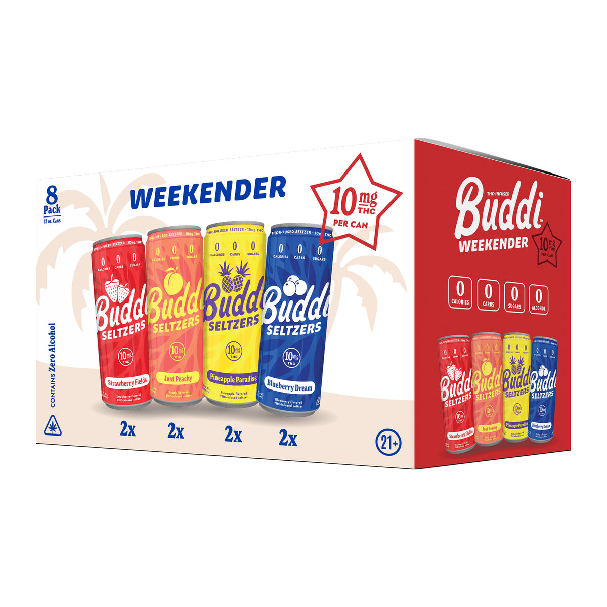 Buddi Weekender variety pack carton — 8-pack of 12 oz 10mg THC seltzer cans in Strawberry Fields, Just Peachy, Pineapple Paradise and Blueberry Dream, two of each