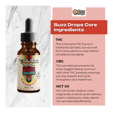Buzz Drops core ingredients and serving information — 2.5mg Delta-9 THC and 5mg CBG per 1 mL