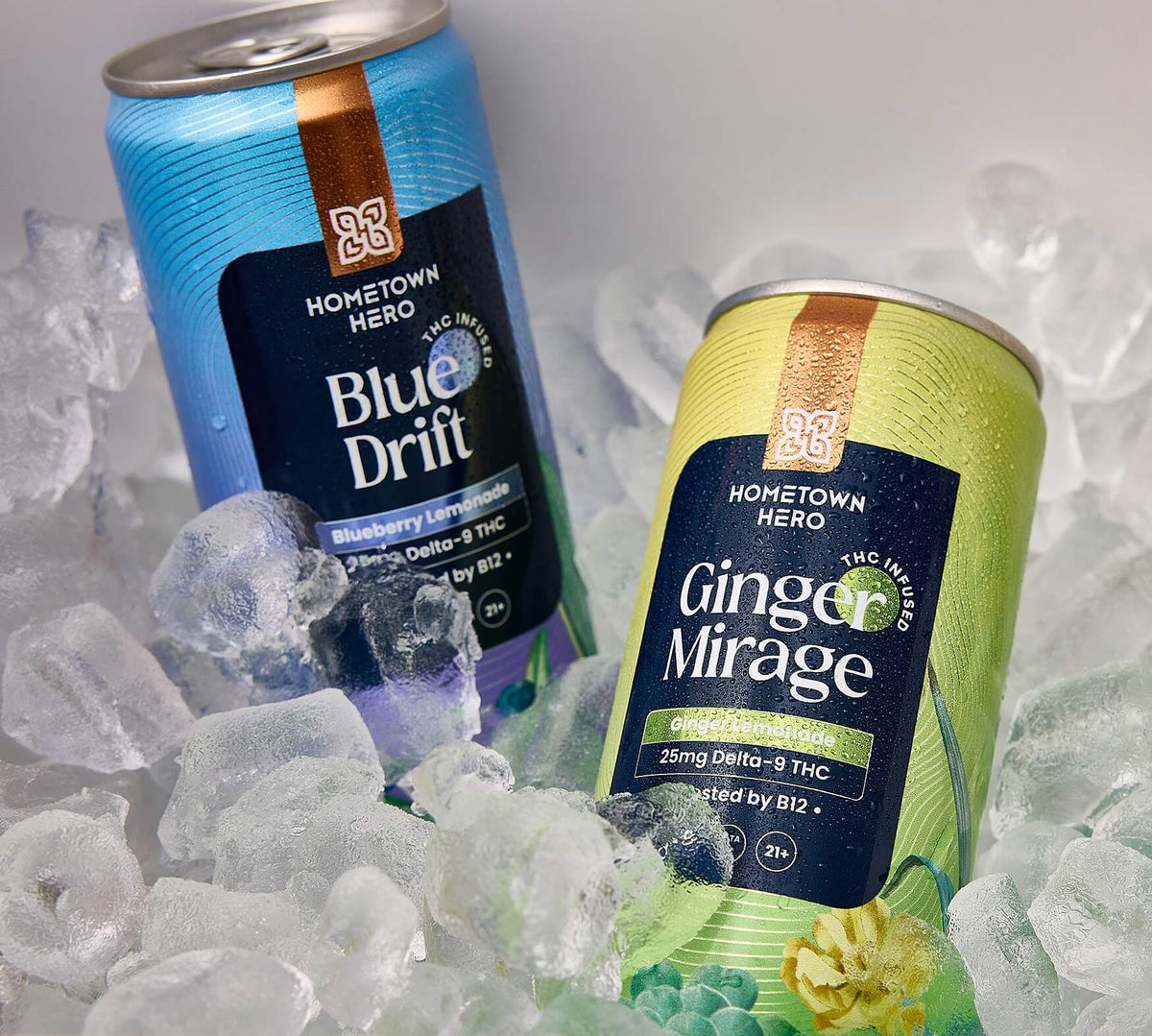Hometown Hero THC lemonade cans in an ice cooler