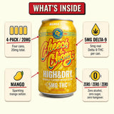 What's inside Cheech & Chong High & Dry Mango Fizz THC Seltzer: 12 fl oz (355 mL) cans, 6-pack, 5mg hemp-derived Delta-9 THC, Mango Fizz flavor