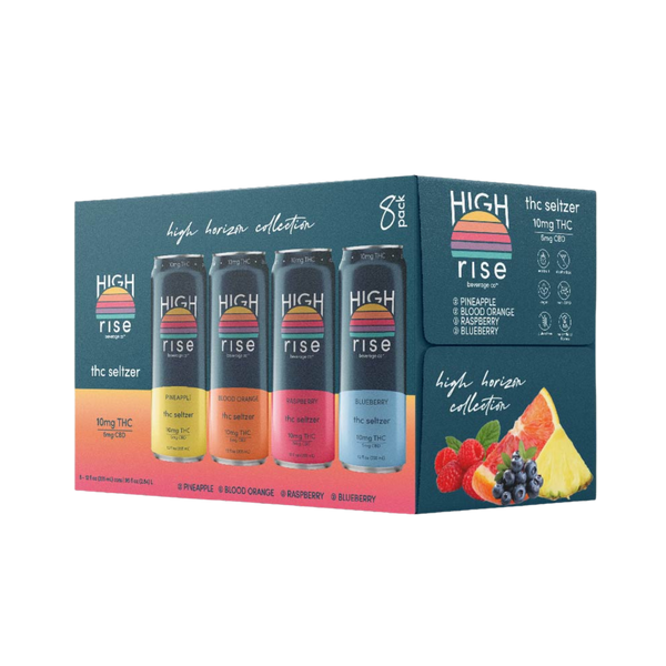 High Rise High Horizon 10mg THC variety pack seltzer, raspberry blueberry blood orange pineapple, 24-can case
