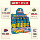 What's inside Cheech & Chong Legends Indica THC Shot: 2 fl oz (59 mL) shots, 12-pack, 10mg hemp-derived Delta-9 THC, Mixed Berry flavor