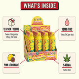 What's inside Cheech & Chong Legends Sativa THC Shot: 2 fl oz (59 mL) shots, 12-pack, 10mg hemp-derived Delta-9 THC, Pink Lemonade flavor
