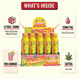 What's inside Cheech & Chong Legends Sativa THC Shot: 2 fl oz (59 mL) shots, 12-pack, 25mg hemp-derived Delta-9 THC, Pink Lemonade flavor
