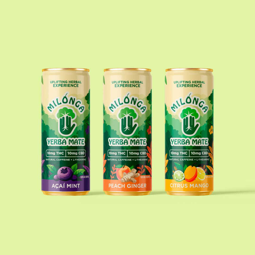 Milonga Variety Pack 10mg THC sparkling yerba mate 24-can case with Acai Mint, Citrus Mango and Peach Ginger