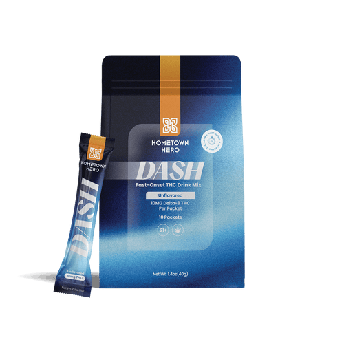 Hometown Hero DASH unflavored THC powder bag and single packet