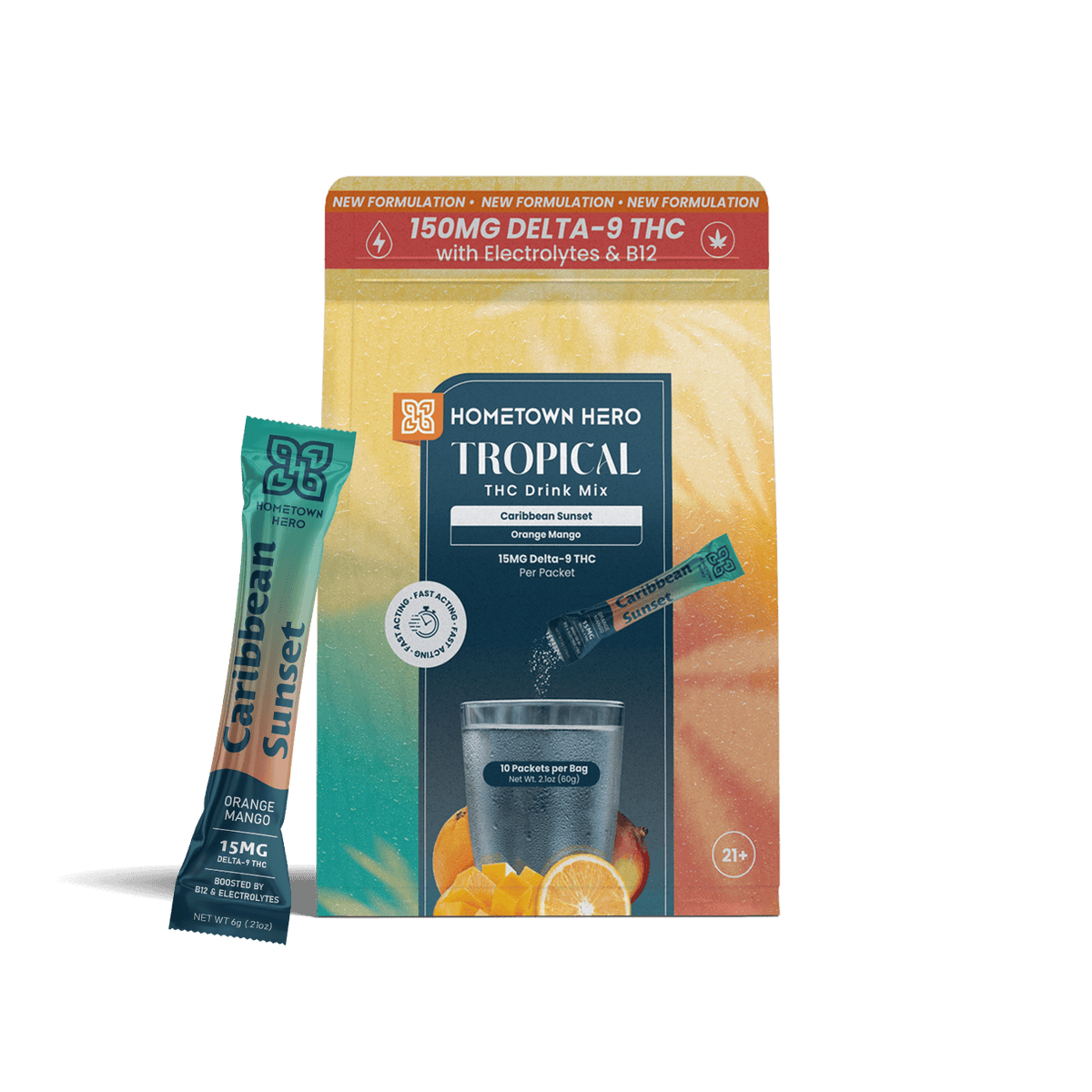 Hometown Hero Caribbean Sunset orange mango THC drink mix bag and packet