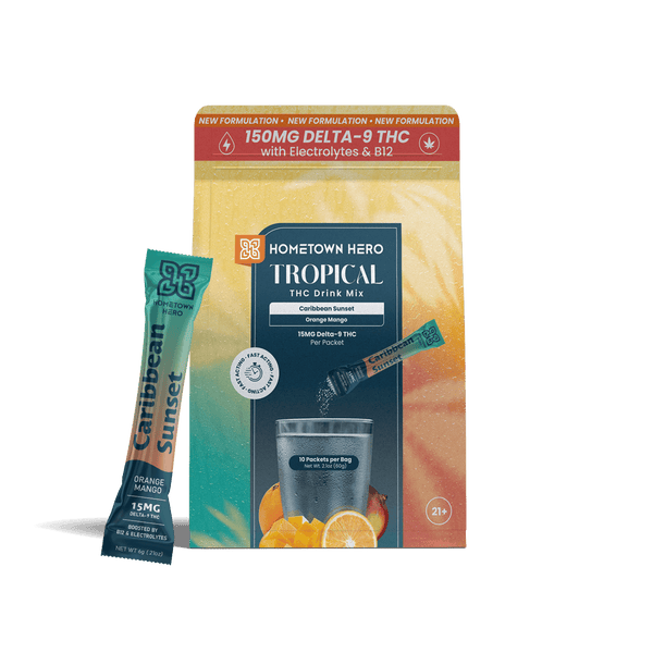 Hometown Hero Caribbean Sunset orange mango THC drink mix bag and packet