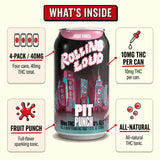 What's inside Cheech & Chong × Rolling Loud Pit Punch Fruit Punch THC Soda: 12 fl oz (355 mL) cans, 4-pack, 10mg hemp-derived Delta-9 THC, Fruit Punch flavor