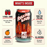What's inside Cheech & Chong × Rolling Loud Pit Punch Orange THC Soda: 12 fl oz (355 mL) cans, 4-pack, 10mg hemp-derived Delta-9 THC, Orange flavor
