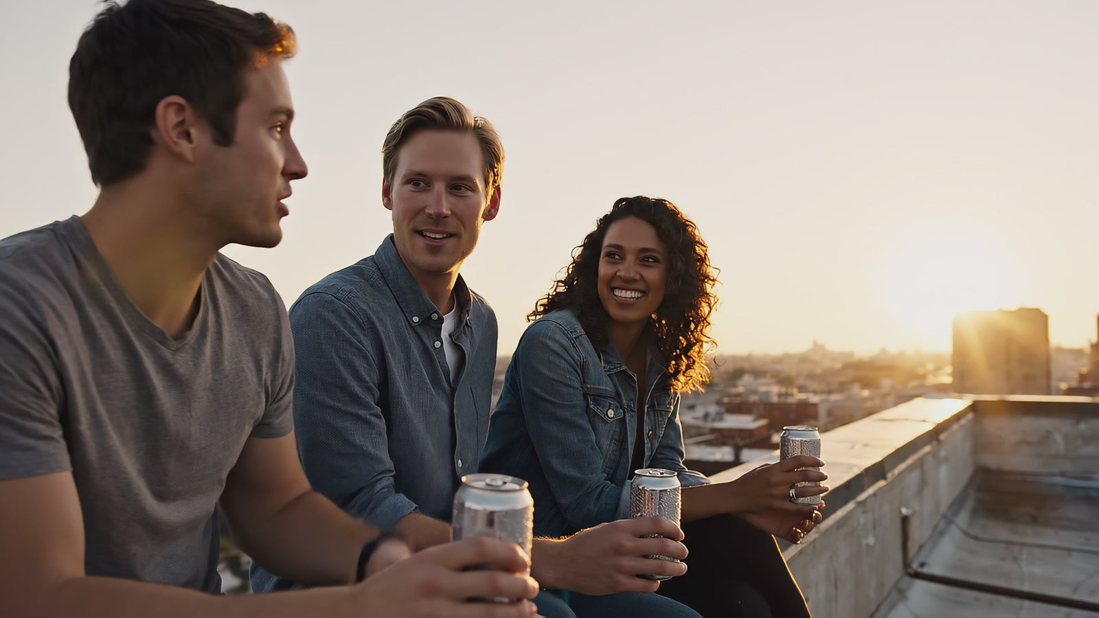 Three friends sitting on a rooftop wall at sunset, each holding a chilled can, city skyline behind them.