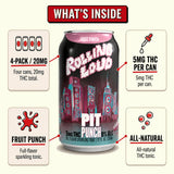 What's inside Cheech & Chong × Rolling Loud Pit Punch Fruit Punch THC Soda: 12 fl oz (355 mL) cans, 4-pack, 5mg hemp-derived Delta-9 THC, Fruit Punch flavor