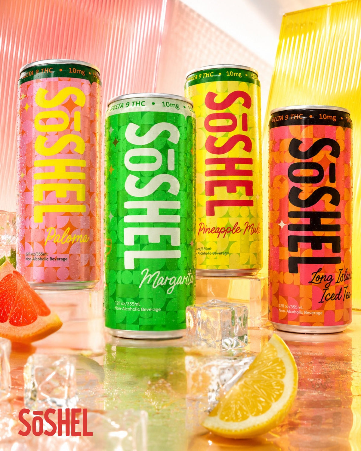 SoSHEL four flavour lineup — Paloma, Margarita, Pineapple Mule, Long Island Iced Tea